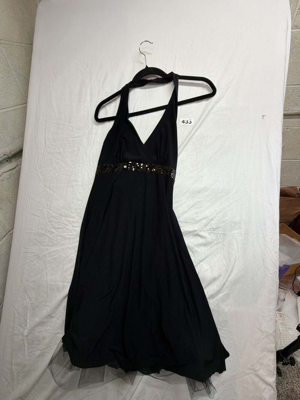 B. Smart Halter Dress Size S Black Sequin Waist Tulle Hem Cocktail